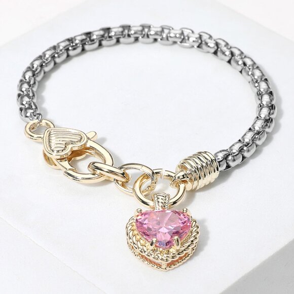 Two Tone CZ Stone Pink Heart Charm Bracelet - Picture 4 of 4